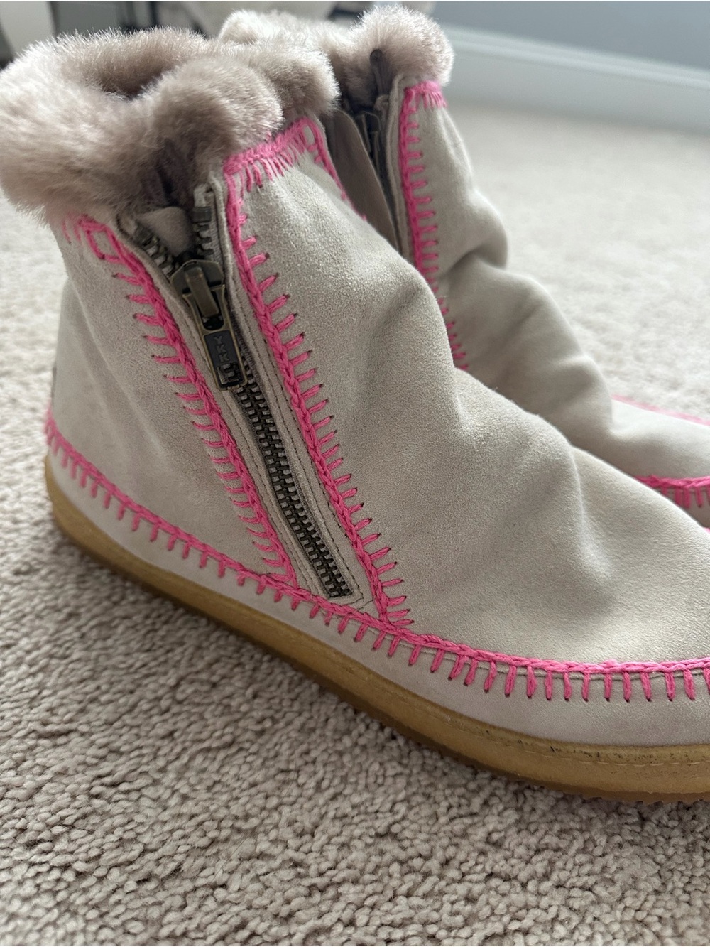 Cozy Cream Ankle Boot with Pink Stitching - Picture 2 of 5